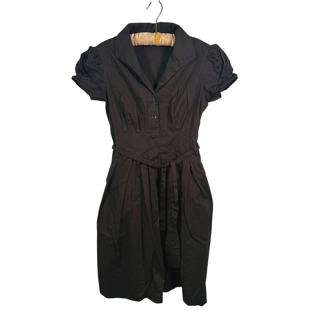 Eliza J Collared Puff Sleeve Dress Size Small Brown Dark Academia Coquette Retro - Picture 2 of 13